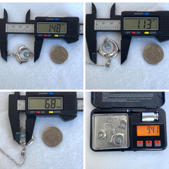 Sterling Silver 925 Blue Topaz Dolphin Earrings & Pendant Necklace Set 18" - Picture 12 of 16